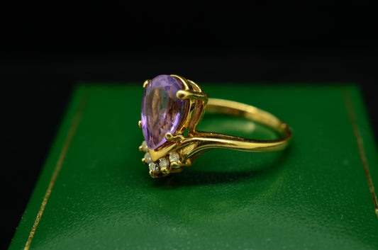 10K Yellow Gold Trillion Cut Amethyst Solitaire Ring Band w/ Diamonds Size 4.75