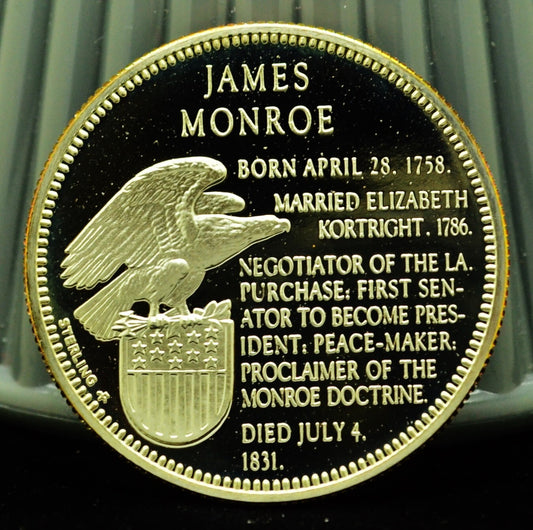925 Silver Franklin Mint Art Round Presidential Treasure James Monroe