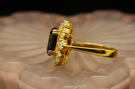 Vermeil 925 Sterling Oval Very Dark Red CZ Ring Band w/ Halo Sz 7