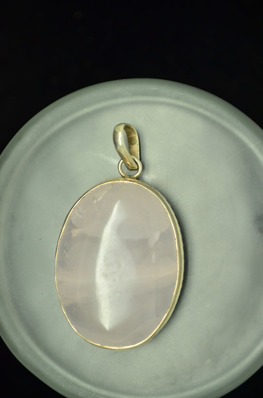 925 Sterling Silver large oval rose quartz pendant charm