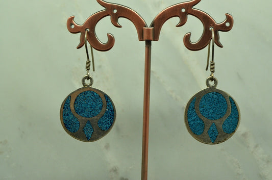 925 Sterling Silver dangling inlaid turquoise chip round fishhook earrings