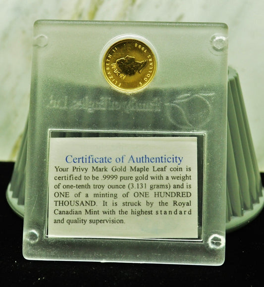1998 Canada $5 Gold Maple Leaf w/ Privy Mark 2nd Edition & COA 1/10 oz Gold