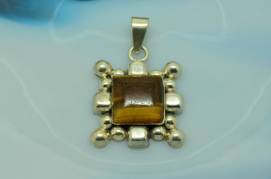 925 Sterling Silver square tiger's eye solitaire pendant charm w/ beaded design