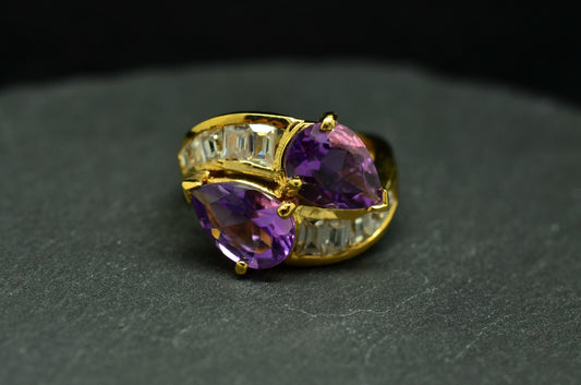 Vermeil 925 Sterling Silver Two Stone Purple Amethyst Ring Band w/ accents Sz 6