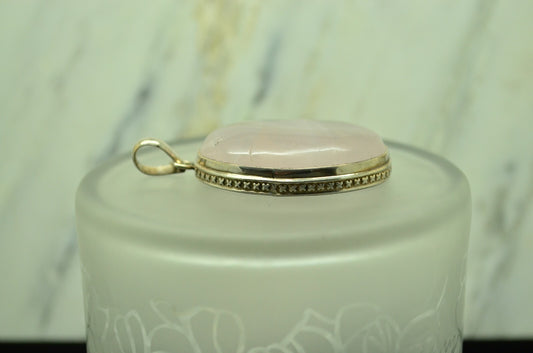 925 Sterling Silver large oval rose quartz pendant charm