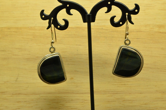 925 Sterling Silver dangling black tiger's eye fishhook earrings