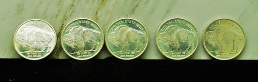 Lot of Five 1/4 Troy Oz Indian Head / Buffalo Design Art Rounds .999 Fine Silver