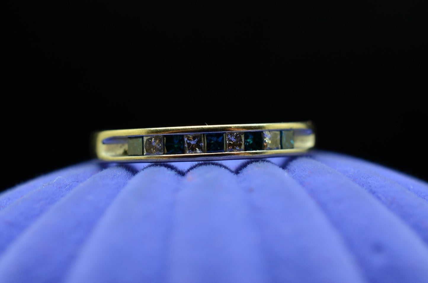 10K White Gold Alt Blue & White Diamond 9 Stone Anniversary Ring Band Size 6.75