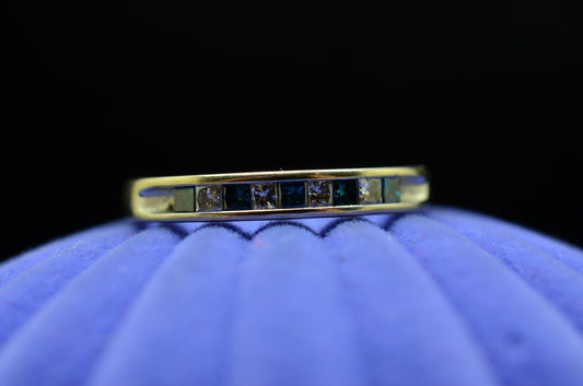 10K White Gold Alt Blue & White Diamond 9 Stone Anniversary Ring Band Size 6.75