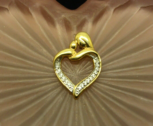 10K Yellow gold mother & child open heart pendant charm w/ diamonds #D3776