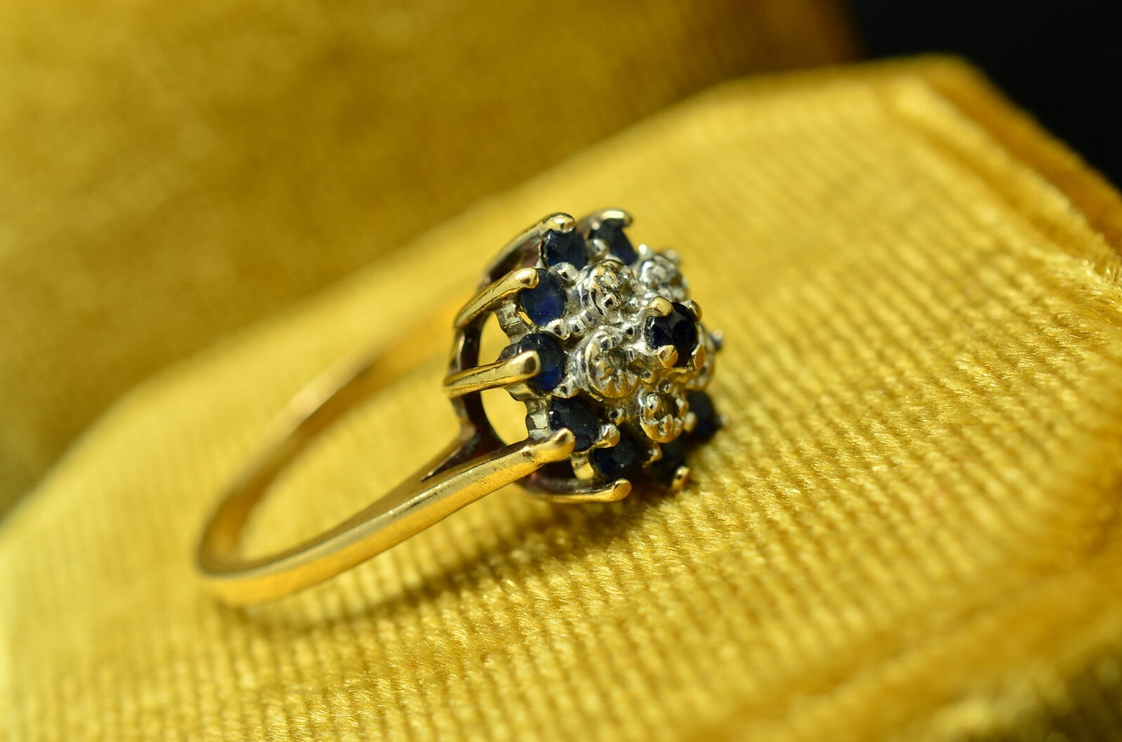 10K Yellow Gold Blue Topaz & Diamond Cluster Ring Band Size 5.25