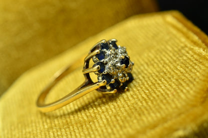 10K Yellow Gold Blue Topaz & Diamond Cluster Ring Band Size 5.25