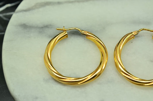 14K Yellow Gold twisted design hollow round hoop earrings 26mm
