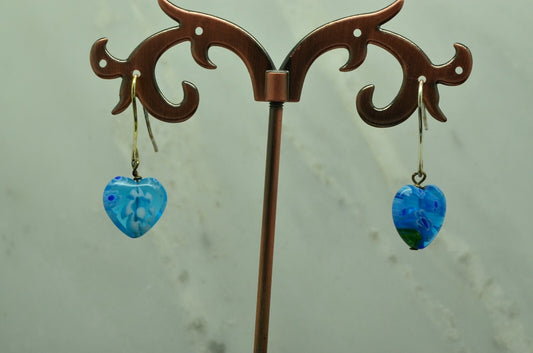 925 Sterling Silver dangling blue flower design heart bead fishhook earrings