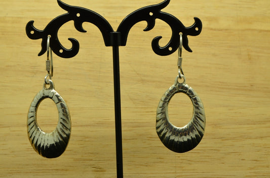 925 Sterling Silver dangling scalloped finish oval shaped fishhook earrings
