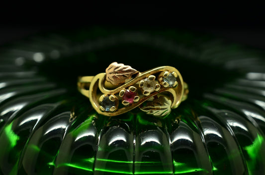 10K Yellow Gold Black Hills Gold Leaves Four Gemstone Ring Band Size 8.25