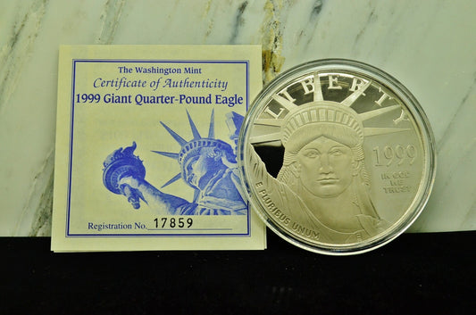 1999 Statue Of Liberty Art Round -4 Troy Oz .999 Silver w Platinum Finish COA