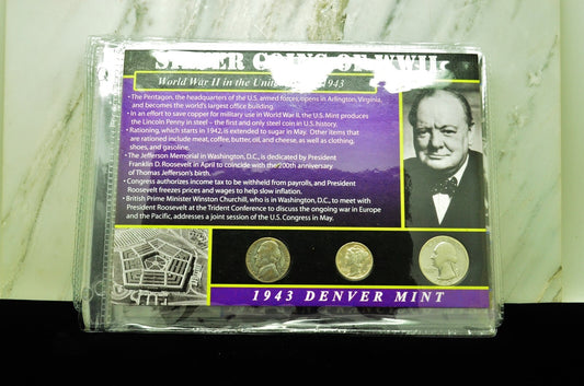 10 Display Pages of Silver Coins of WWII each w/ a Silver Nickel Dime & Quarter