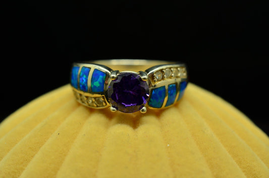 925 Sterling Silver Purple Cubic Zirconia Ring Band w/ Opal Accents  Sz 7.5