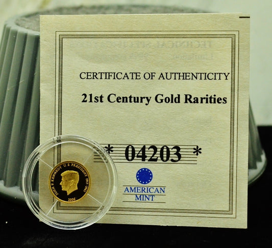 2006 American Mint John F Kennedy Mini Gold Coin 11mm 0.5 grams .585 Gold COA
