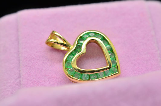 10K Yellow Gold Emerald Green CZ Open Heart Pendant Charm -Small