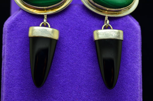 925 Sterling Silver Oval Malachite Post Earrings w/ Dangling Onyx
