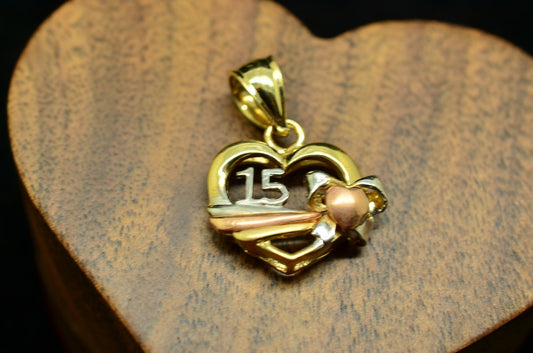 14K Tri Color Gold 15 Year Anos Birthday Quinceanera Heart Shaped Pendant Charm