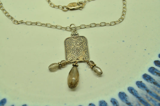 17" 925 Sterling Silver cable chain with smokey quartz dangle pendant
