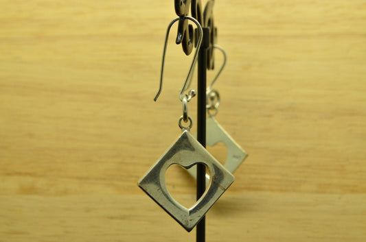 925 Sterling Silver dangling framed cutout heart fishhook earrings