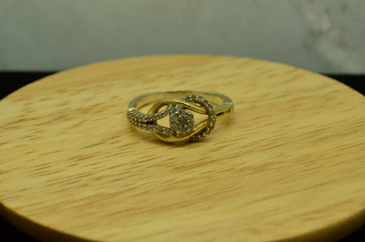 925 Sterling Silver two tone love knot diamond cluster design ring band SZ 9.25