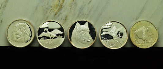 Lot of 5 Wildlife Art Rounds 1 oz .999 Silver Each