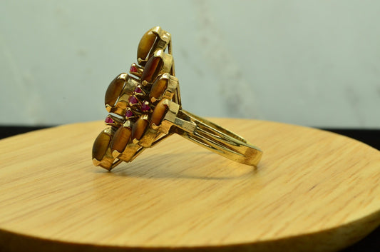 12K YELLOW GOLD TIGER'S EYE & PINK RUBY COCKTAIL RING BAND SIZE 7.75