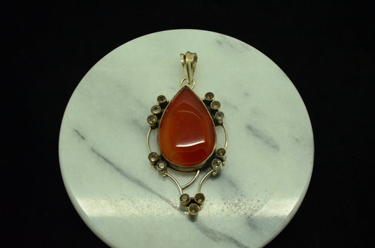 925 Sterling Silver teardrop amber pendant charm w/ cz accents -big