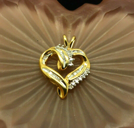 10K Yellow gold fancy open heart w/ diamonds pendant charm 0.35 tcw #D3782