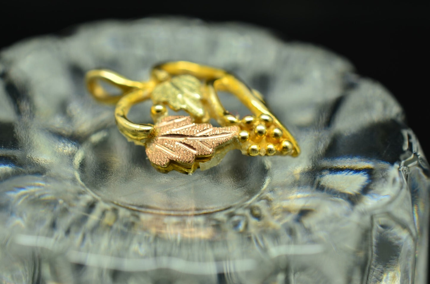 10K Yellow Gold Black Hills Gold Leaves & Grape Design Open Heart Pendant Charm