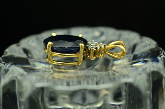 14K Yellow Gold Oval Very Dark Blue Sapphire Solitaire Pendant Charm w/ Diamonds