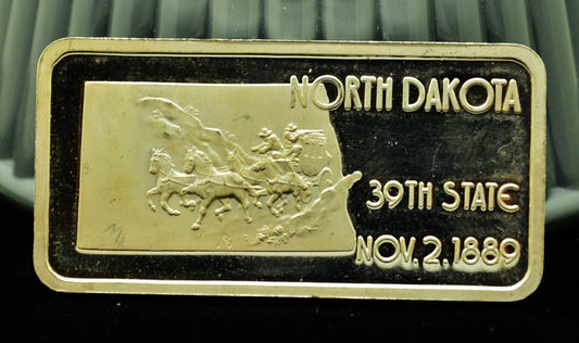 North Dakota Hamilton Mint State Ingot Art Bar -1 Troy Oz .999 Silver