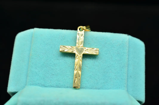 14K Yellow Gold Heart Etched Hollow Cross Pendant Charm -Lightweight