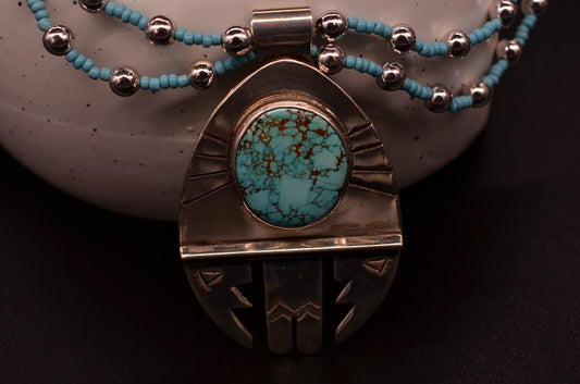 925 Sterling Silver Turquoise Pendant Charm  w/ 28" Double Strand Beaded Chain