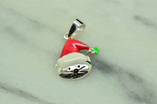 925 Sterling silver cute Christmas enamel cat in Santa hat w/ star pendant charm