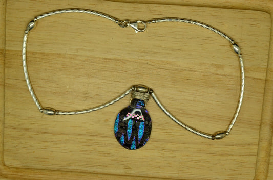 15.5" 925 Sterling Silver curved bar chain necklace w/ dichroic glass pendant