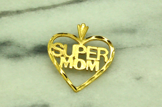 14K Yellow gold open heart framed SUPER MOM pendant charm