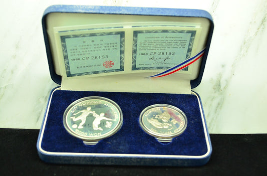 1988 South Korea Olympics 2 Coin Set 925 Silver Football & Top Spinning OGP