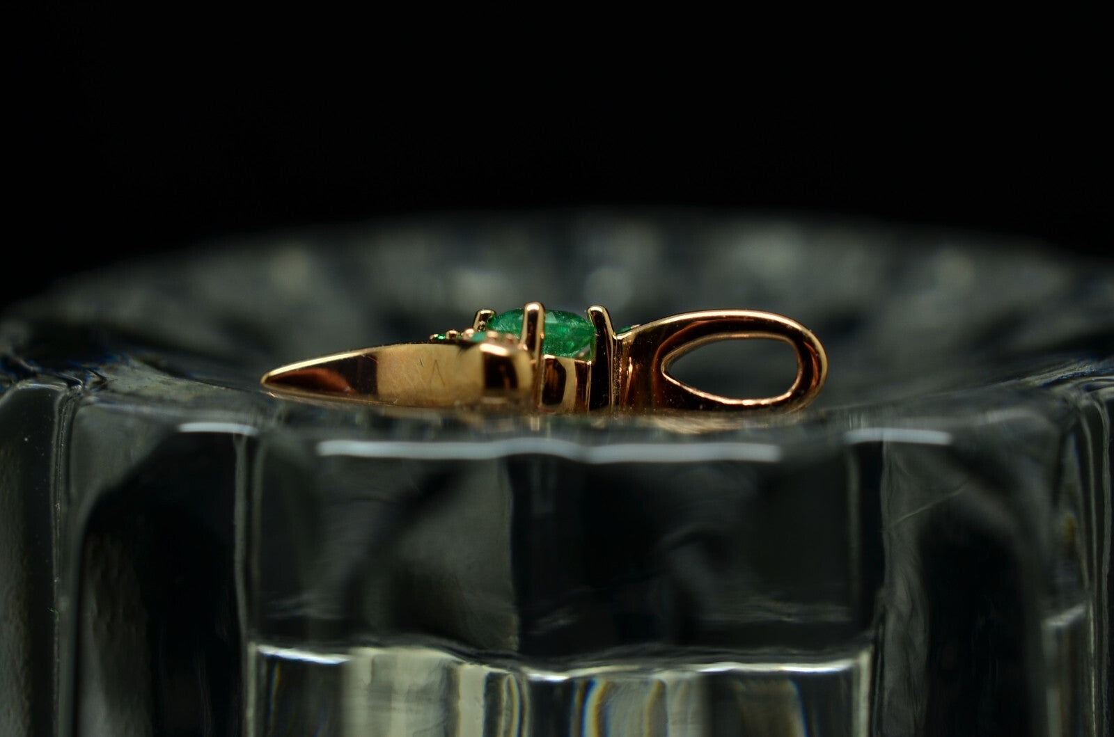 10K Rose Gold floating bypass design pendant charm with green emeralds