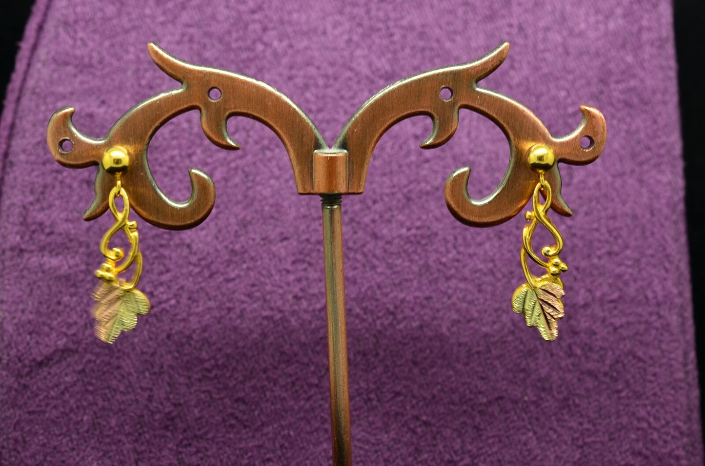 10K 14K Yellow Gold Dangling Two Tone Black Hills Gold Leaves Post Earrings