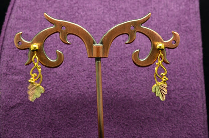 10K 14K Yellow Gold Dangling Two Tone Black Hills Gold Leaves Post Earrings