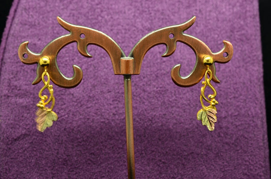 10K 14K Yellow Gold Dangling Two Tone Black Hills Gold Leaves Post Earrings