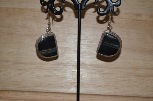 925 Sterling Silver dangling black tiger's eye fishhook earrings