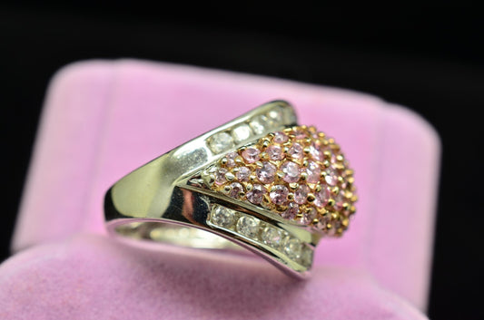 925 Sterling Silver Pave Pink CZ Dome Ring Band w/ CZ Accents Size 6.75