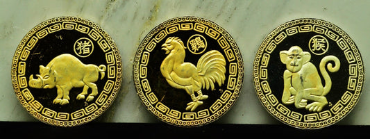 Lot of 3 Chinese Zodiac Art Rounds Boar Rooster Monkey 1 oz .999 Silver Each